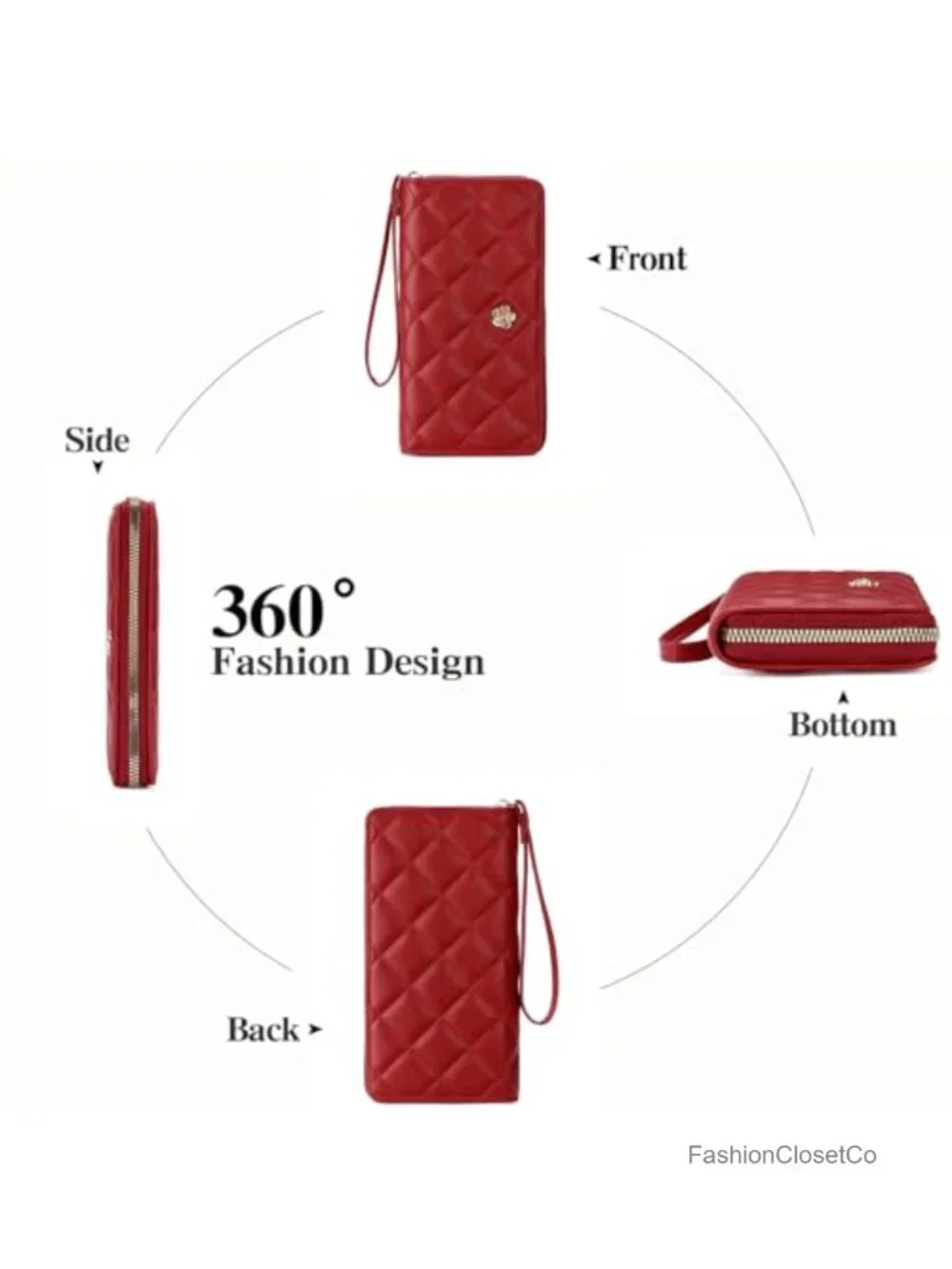 Large Capacity Quilted Faux Leather Wristlet Wallet with Zip Around Closure